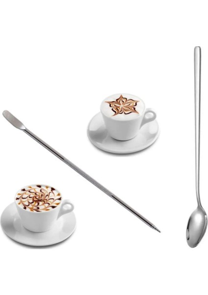 Latte Art Kalemi Çubuğu + Latte Kaşığı Seti 2li Düz Bar Kaşığı Kokteyl Kaşığı