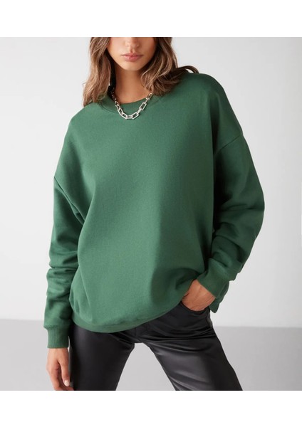 Kadın Bisiklet Yaka Içi Polarlı Kalın Sweatshirt-3 Iplik Şardonlu