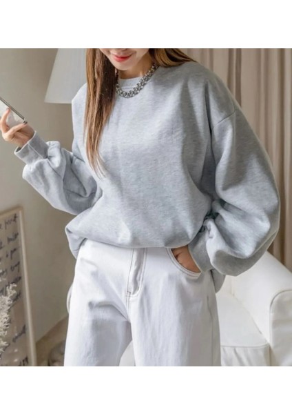 Kadın Bisiklet Yaka Içi Polarlı Kalın Sweatshirt-3 Iplik Şardonlu