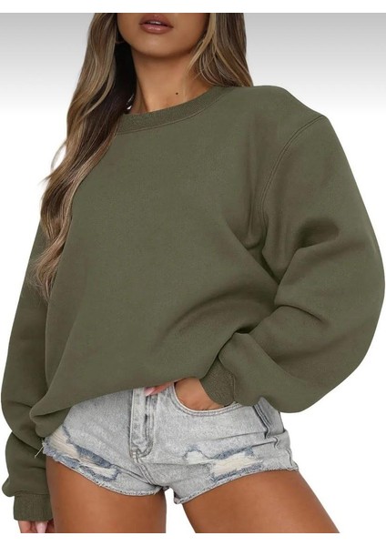 Kadın Bisiklet Yaka Içi Polarlı Kalın Sweatshirt-3 Iplik Şardonlu