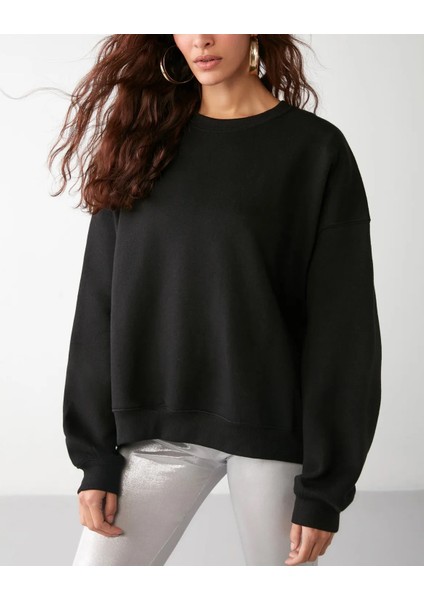 Kadın Bisiklet Yaka Içi Polarlı Kalın Sweatshirt-3 Iplik Şardonlu