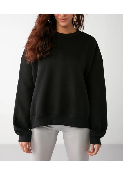 Kadın Bisiklet Yaka Içi Polarlı Kalın Sweatshirt-3 Iplik Şardonlu