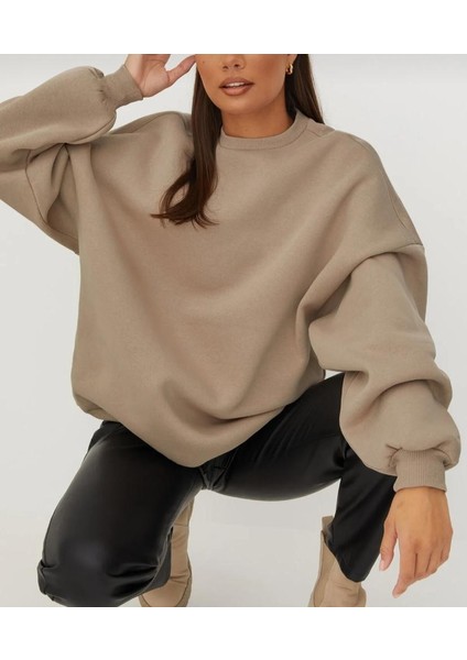 Kadın Bisiklet Yaka Içi Polarlı Kalın Sweatshirt-3 Iplik Şardonlu