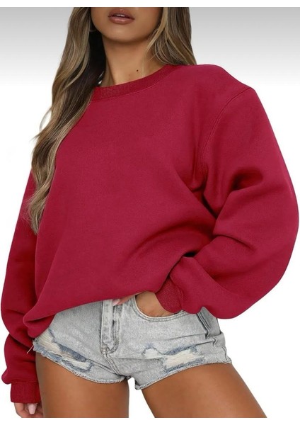 Kadın Bisiklet Yaka Içi Polarlı Kalın Sweatshirt-3 Iplik Şardonlu