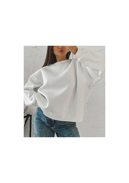Kadın Bisiklet Yaka Içi Polarlı Kalın Sweatshirt-3 Iplik Şardonlu