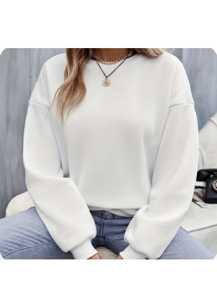 Kadın Bisiklet Yaka Içi Polarlı Kalın Sweatshirt-3 Iplik Şardonlu