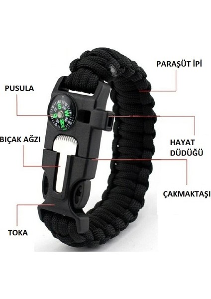 Survıval Pusulalı Hayatta Kalma Bilekliği Kamp Bileklik Düdük Çok Amaçlı Outdoor Aksesuar Kit