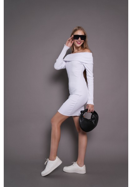 Kadın Kayık Yaka Kaşkorse Bodycon Elbise 22542 Beyaz indirimleri