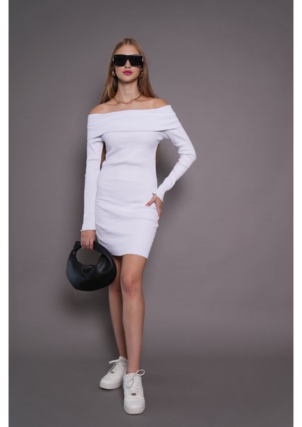 Kadın Kayık Yaka Kaşkorse Bodycon Elbise 22542 Beyaz modelleri