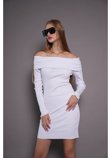Kadın Kayık Yaka Kaşkorse Bodycon Elbise 22542 Beyaz fırsatları