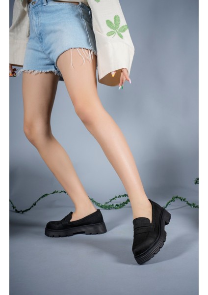 Kadın Loafer Ayakkabı Düz Taban Vegan Deri Şık Siyah Renk