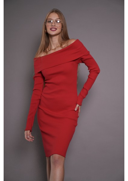 Kadın Kayık Yaka Kaşkorse Bodycon Elbise 22542 Kırmızı modelleri