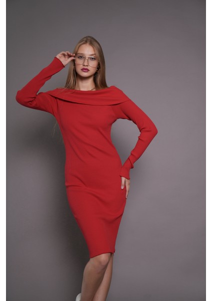 Kadın Kayık Yaka Kaşkorse Bodycon Elbise 22542 Kırmızı indirimleri