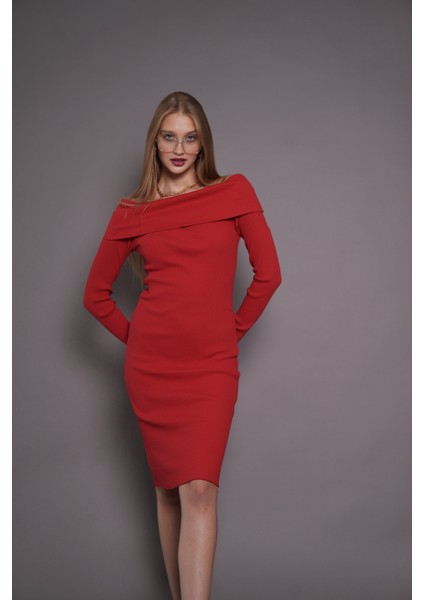 Kadın Kayık Yaka Kaşkorse Bodycon Elbise 22542 Kırmızı