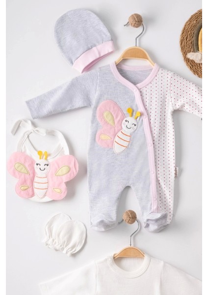 Kelebek Nakışlı Tulumlu % 100 Pamuk Kız Bebek 5'li Set modelleri