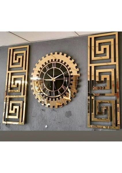 Özel Tasarım 3 Lü Set Pleksi Gold Aynalı 3D Kabartmalı Duvar Saati ve Dekoru
