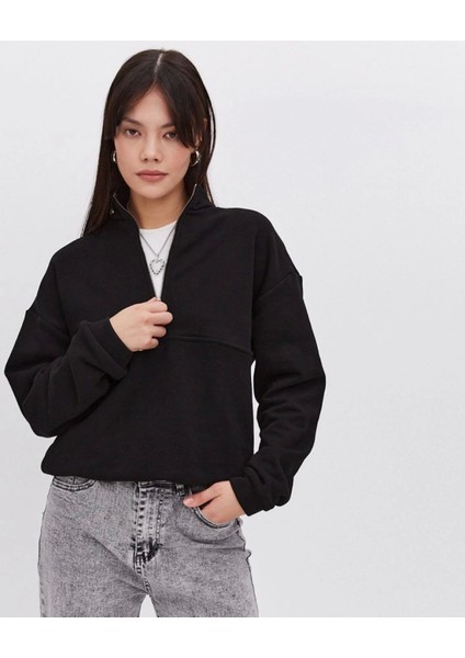 Oversize Yarım Farmuarlı Yakalı Basic Sweatshirt - Siyah