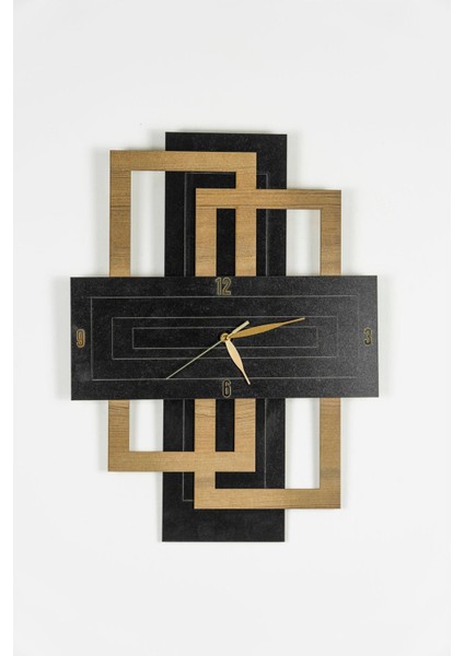 Şık dikdörtgen katmanlı ahşap duvar saati, modern stil, 38x50 cm, siyah renk