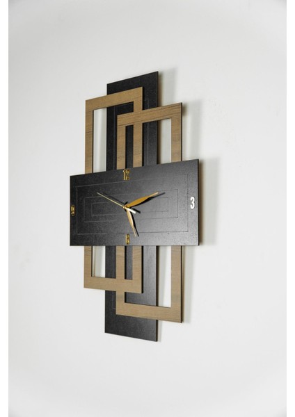 Şık dikdörtgen katmanlı ahşap duvar saati, modern stil, 38x50 cm, siyah renk