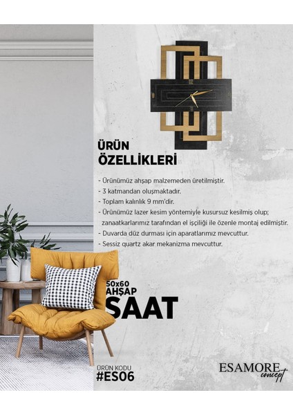Şık dikdörtgen katmanlı ahşap duvar saati, modern stil, 38x50 cm, siyah renk