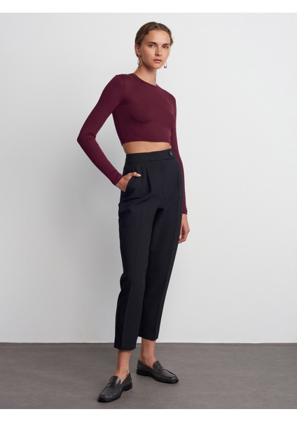 31236 Uzun Kollu Crop Top-Bordo