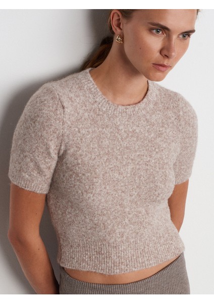 10651 Bisiklet Yaka Yumuşak Dokulu Kısa Kol Triko Kazak-Vizon M.