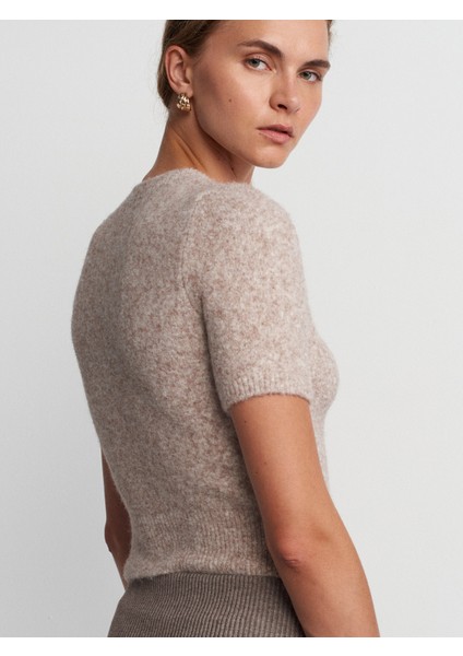 10651 Bisiklet Yaka Yumuşak Dokulu Kısa Kol Triko Kazak-Vizon M. fiyatları