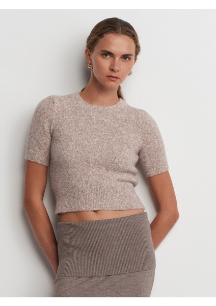 10651 Bisiklet Yaka Yumuşak Dokulu Kısa Kol Triko Kazak-Vizon M. modelleri