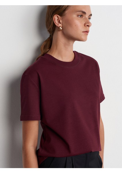 30312 Dekoratif Dikişli Bisiklet Yaka Tshirt-Bordo