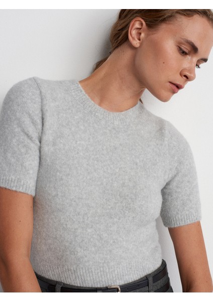 10651 Bisiklet Yaka Yumuşak Dokulu Kısa Kol Triko Kazak-Gri indirimleri