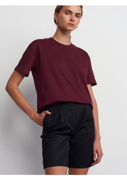 30312 Dekoratif Dikişli Bisiklet Yaka Tshirt-Bordo fırsatları