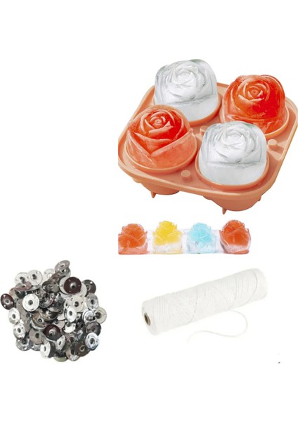 Gül Mum Kalıbı 4lü + Mum Fitil Tutacağı 10LU + Mum Fitili 5 M Mum Yapımı Seti Silikon Mum Kabı