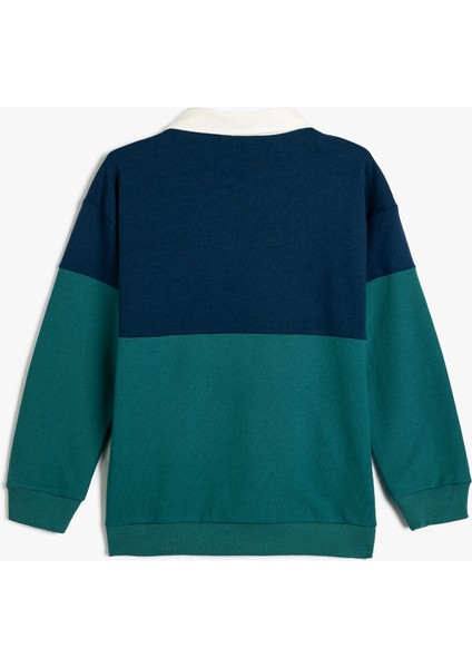 Oversize Sweatshirt Polo Yaka Baskı Detaylı Düğmeli Uzun Kollu