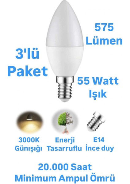 ACK 7W Buji LED Ampul Günışığı 575 Lümen Avize Ampulü Mum Ampul E14 Ince Duylu Ampul