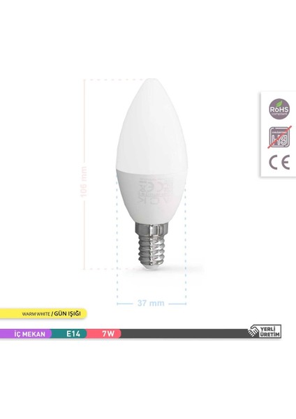 ACK 7W Buji LED Ampul Günışığı 575 Lümen Avize Ampulü Mum Ampul E14 Ince Duylu Ampul