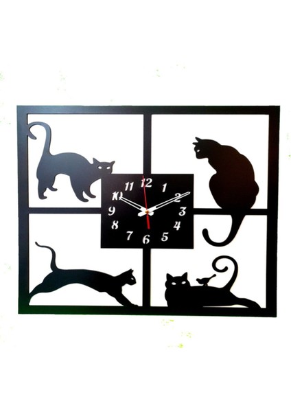 Modern kare ahşap duvar saati, siyah-beyaz kedi teması, lazer kesim dekorasyon parçası