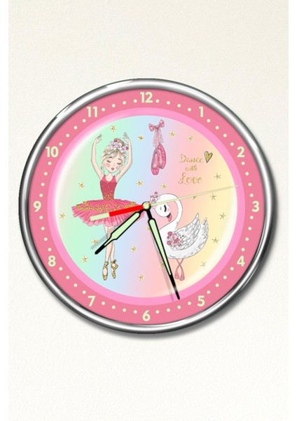 Pembe Gece Parlayan Balerin Çocuk Odası Duvar Saati, şık ve eğlenceli tasarım, 30x30 cm