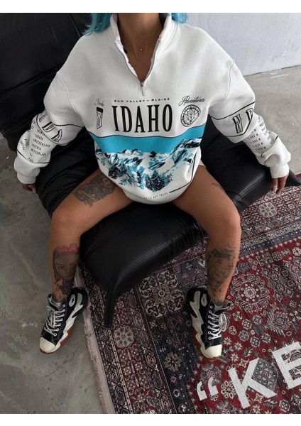 Kadın Yarım Fermuarlı Oversize Baskılı Sweatshirt - Beyaz