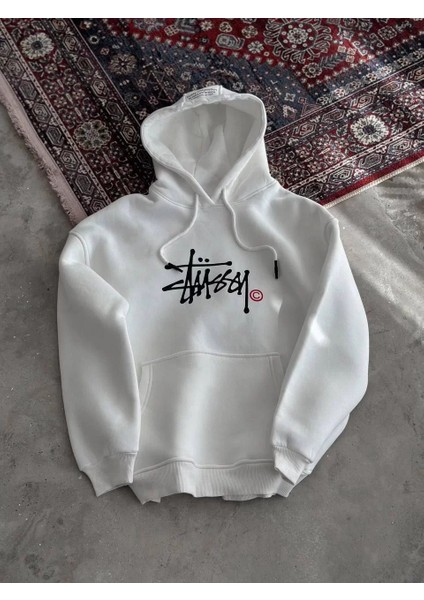 Üç Iplik Kapşonlu Baskılı Sweatshirt - Beyaz