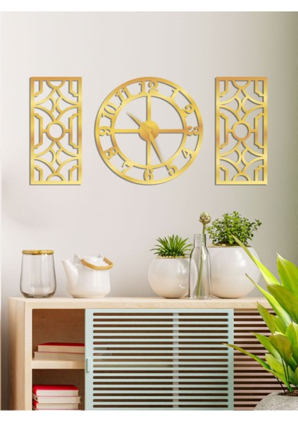 3'lü Duvar Saati ve Dekor, MDF ve Aynalı Pleksi, 40x40 cm, Sarı, Modern stil