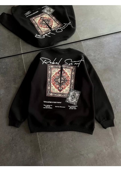 Kadın Bisiklet Yaka Baskılı Sweatshirt - Siyah