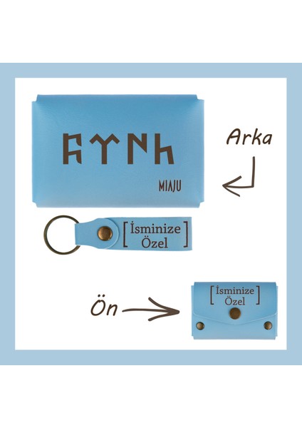 Açık Mavi, Göktürk Dilinde Türk Yazı Desenli, İsme Özel, Cüzdan Ve Anahtarlık Set, Hediyelik Armağan