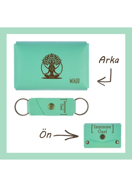 Açık Yeşil, Çakra Ağacı Desenli, İsme Özel Cüzdan Ve Anahtarlık Set, Akrabaya Uğur Hediyesi Aksesuar