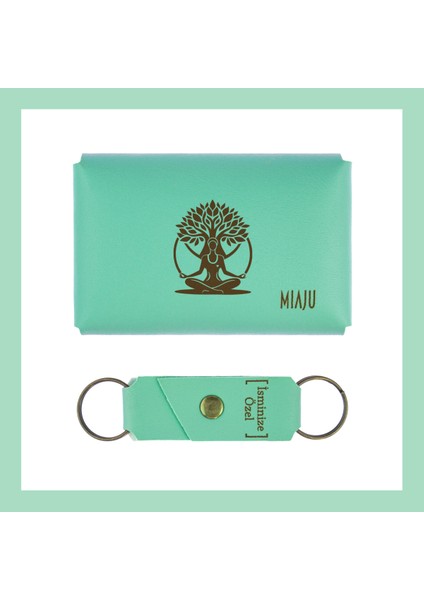 Açık Yeşil, Çakra Ağacı Desenli, İsme Özel Cüzdan Ve Anahtarlık Set, Akrabaya Uğur Hediyesi Aksesuar fiyatları