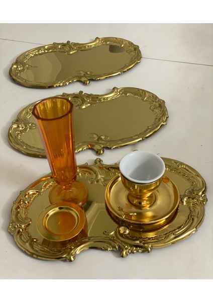 Çelik Gold Renk 3 Adet Işlemeli Desenli Servis Tepsisi Sunum