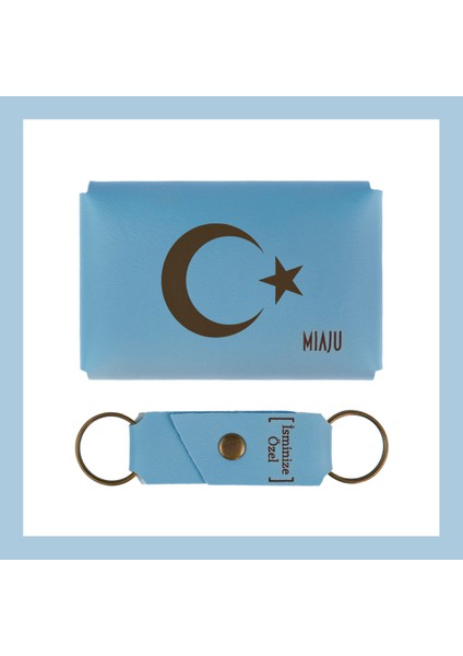 Açık Mavi, Ay Yıldız Desenli, İsme Özel, Cüzdan Ve Anahtarlık Set, Hediyelik Anı, Muhteşem Hatıra
