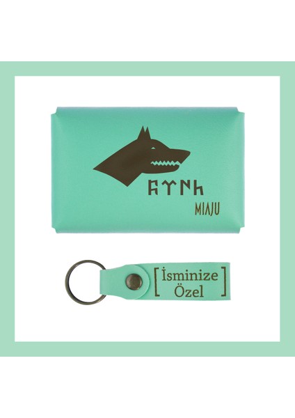 Açık Yeşil, Bozkurt Ve Türk Desenli, İsme Özel Cüzdan Ve Anahtarlık Set, Akrabaya Özel Hediyelik fiyatları