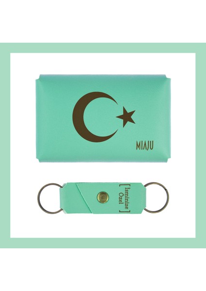 Açık Yeşil, Ayyıldız Desenli, İsme Özel Kişisel Cüzdan Ve Anahtarlık Set, Kıymetli Arkadaşa Hediye