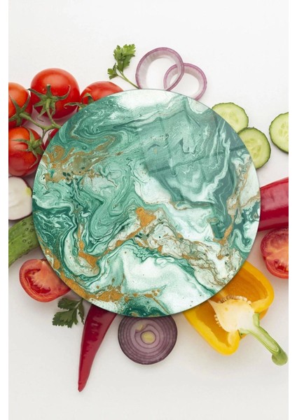 Cam Kesme Tahtası Yuvarlak Yeşil Gold Mermer Desenli