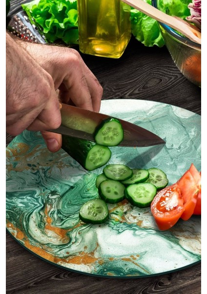 Cam Kesme Tahtası Yuvarlak Yeşil Gold Mermer Desenli modelleri